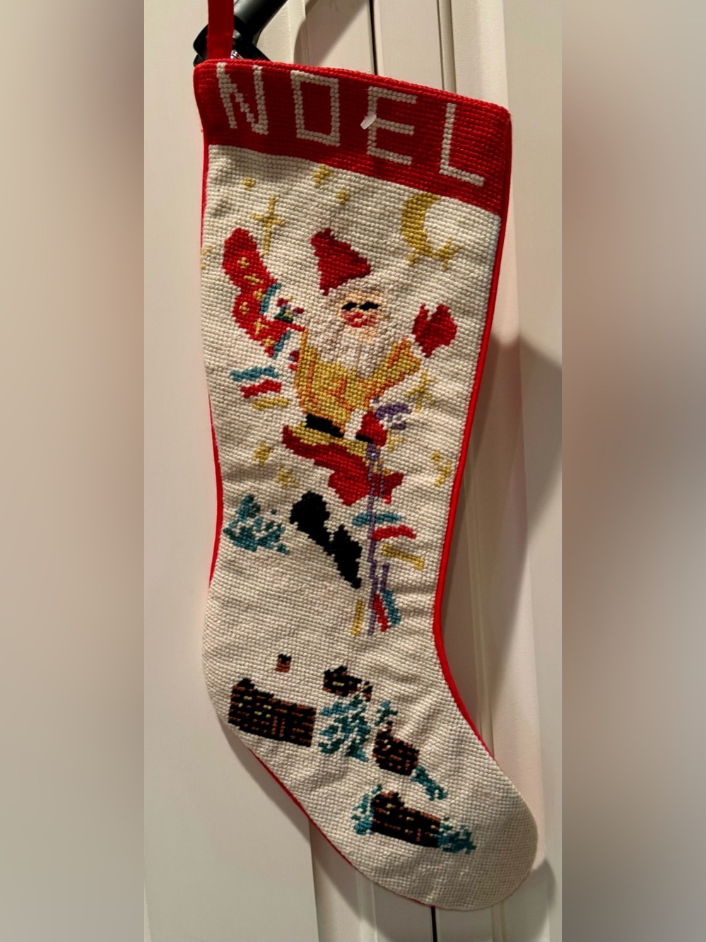 Woolen Needlepoint Skiing Santa Christmas Stocking - New with Tags